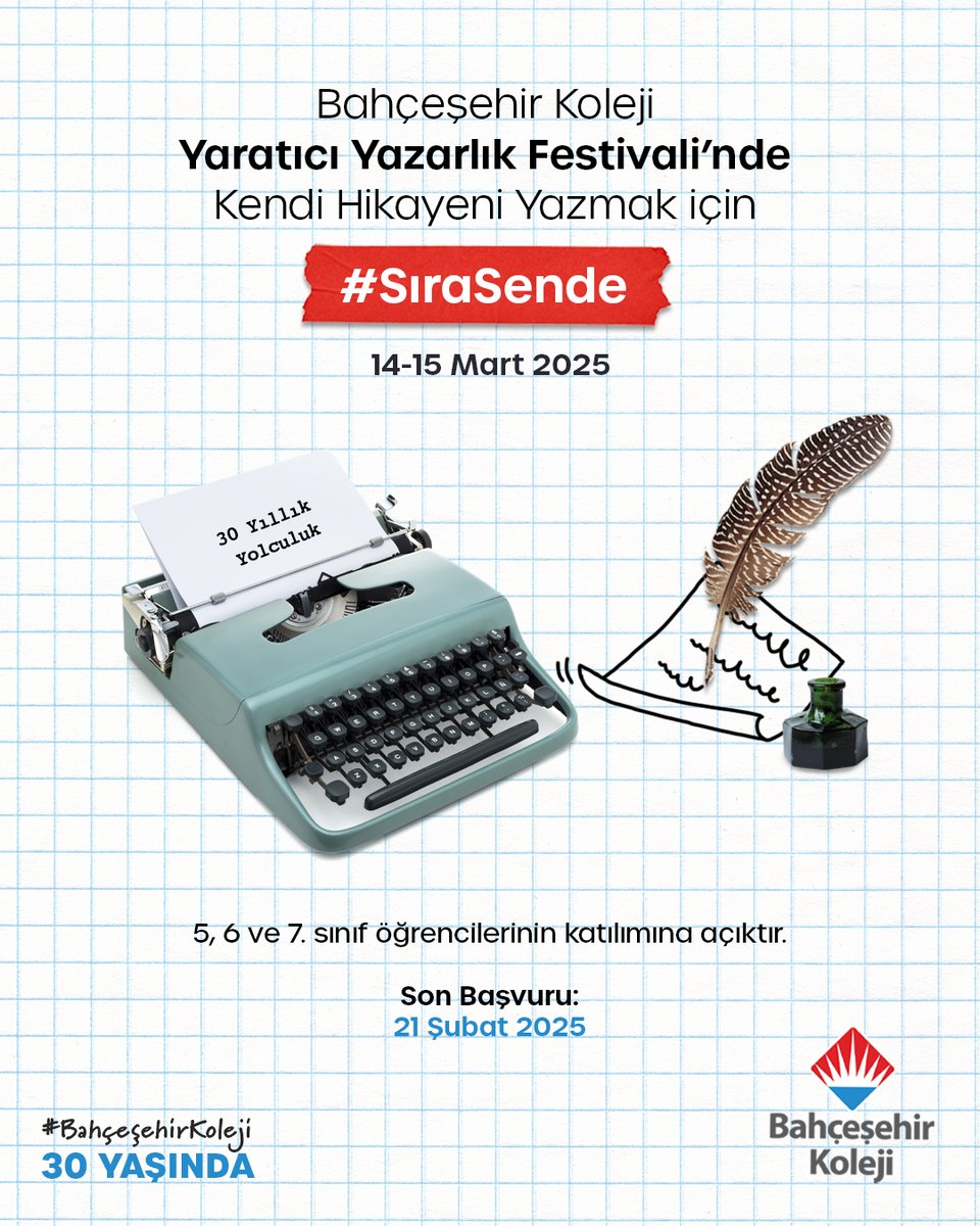 ⏳✨📝Bahçeşehir Koleji 8. Yaratıcı Yazarlık Festivali’nde genç yazarlarımız, “30 Yıllık Yolculuk” temasını kaleme alarak hayal dünyalarına yeni kapılar açacak, yaratıcı yazarlığa dair önemli bilgiler edinme fırsatı bulacaklar.
 
Son başvuru tarihi: 21 Şubat Cuma! ✍🏻