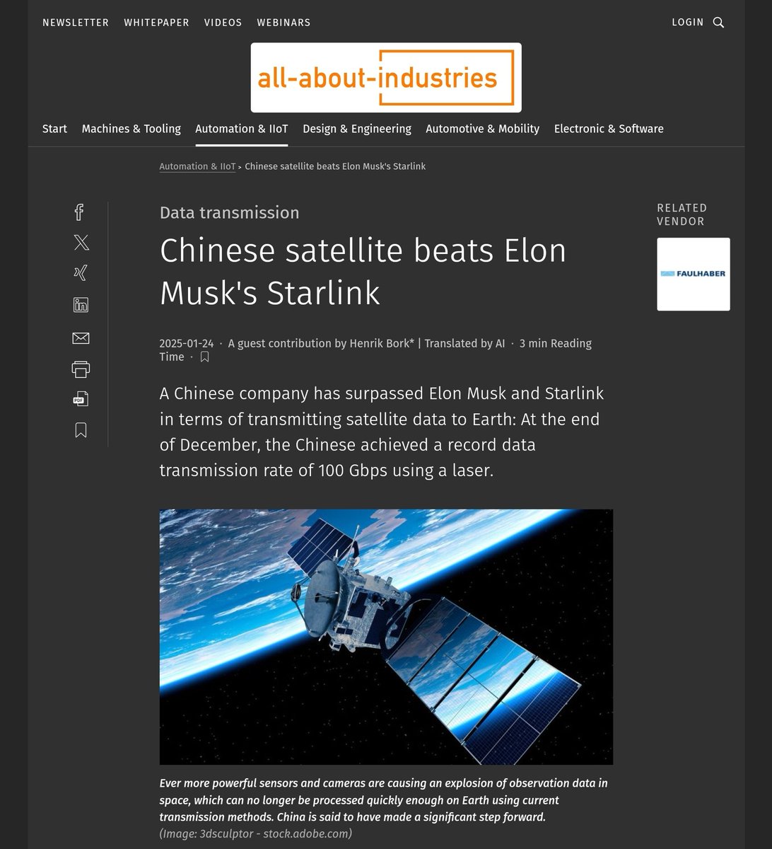 🇨🇳🇺🇸🛰 Le satellite chinois bat Starlink d'Elon Musk

L'entreprise chinoise Chang Guang Satellite Technology Co. a dépassé Elon Musk et Starlink en matière de transmission de données satellite vers la Terre. Cela permet des améliorations dans l'espace, notamment la télédétection