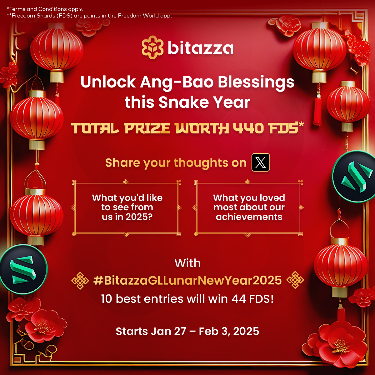 BitazzaGlobal's tweet photo. 🧧 It’s #LunarNewYear , and we’re giving out FDS #AngPao!  🐍

10 best comments will receive 44 #FreedomShards each. 

1️⃣ Quote this post and share your thoughts 
2️⃣ Follow @BitazzaGlobal 
3️⃣  #BitazzaGLLunarNewYear2025

⏳ Jan 27 – Feb 3, 2025

*T &amp; C apply. https://t.co/HCV4amDepP