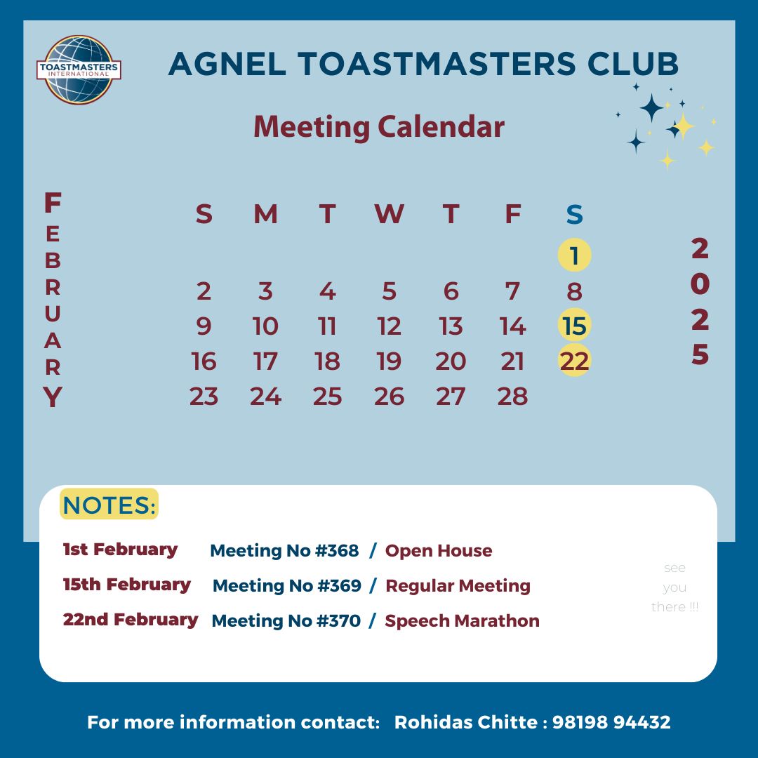 Our Meeting calendar for February 2025.  Do join  us in the meetings!