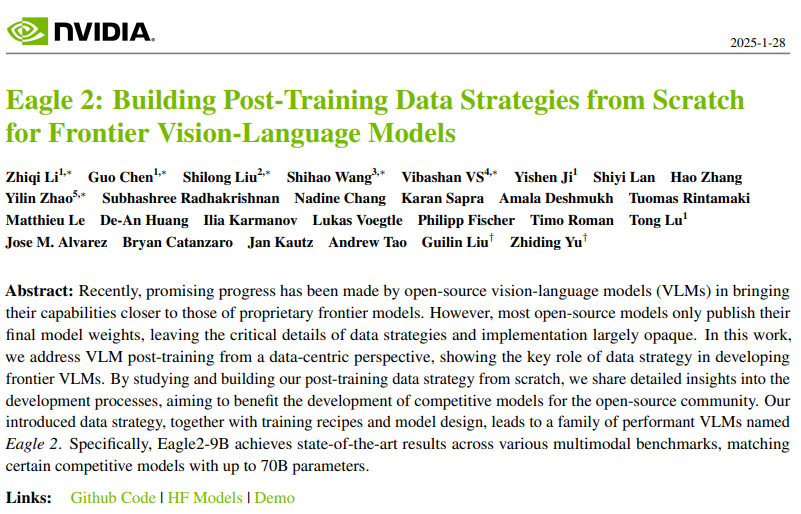 arankomatsuzaki's tweet photo. NVIDIA presents:

Eagle 2: Building Post-Training Data Strategies from Scratch for Frontier Vision-Language Models

Eagle2-9B achieves SotA results across various multimodal benchmarks, matching certain competitive models with up to 70B parameters https://t.co/WQB4jJbvW2