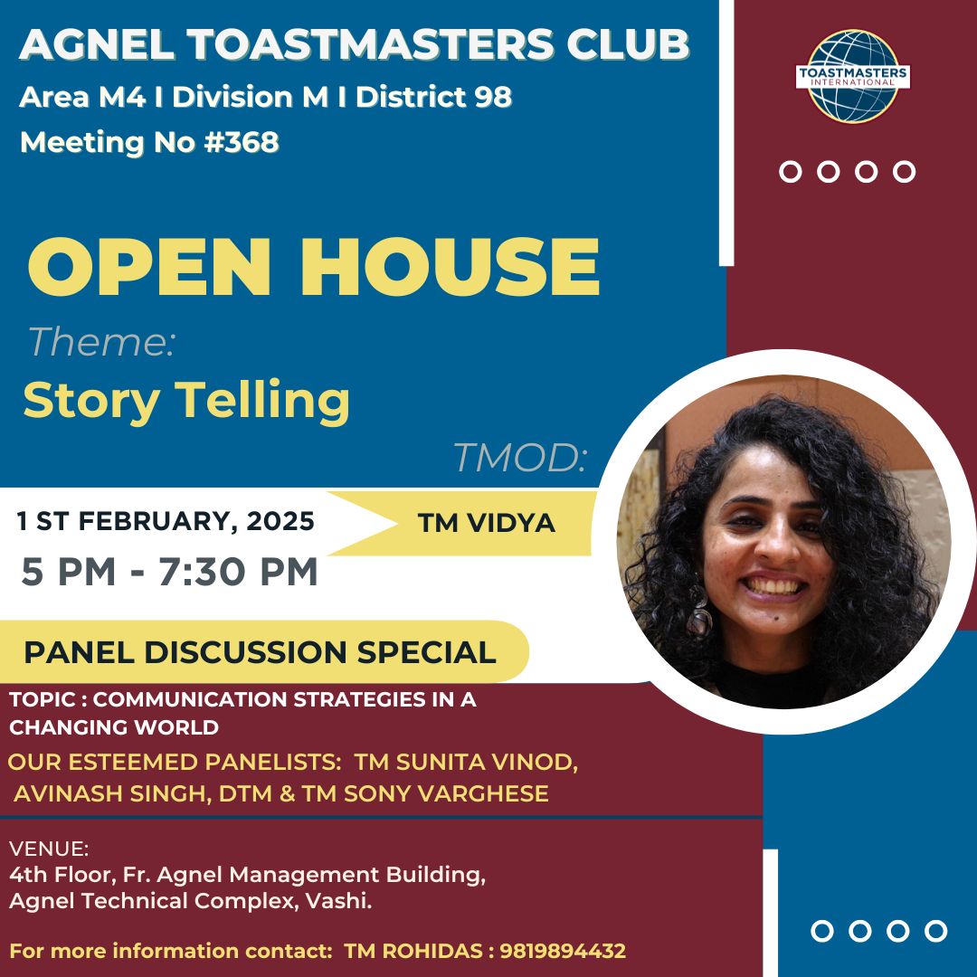 Agnel Toastmasters
<a href="/Agneltmvashi/">Agnel Toastmasters</a>
·
1m
Replying to
<a href="/Agneltmvashi/">Agnel Toastmasters</a>
A Toastmasters Open House meeting is specially organised for Guests. It provides a welcoming environment where guests  can observe, learn, and participate in the club's activities.