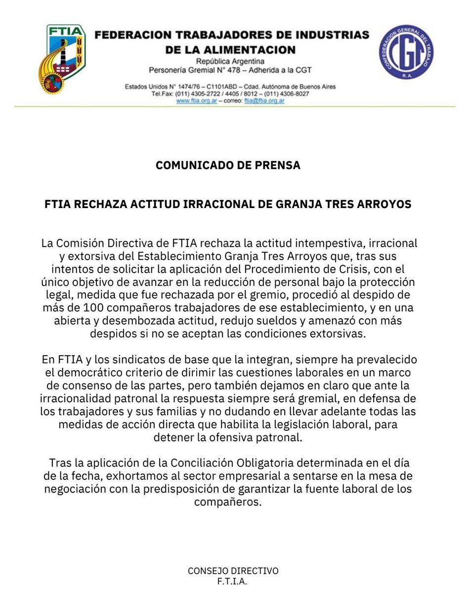 100 despidos en la Granja Tres Arroyos: un caso testigo del sector alimenticio.

Tres Arroyos despidió 65 trabajadores, con amenaza de echar a 400!
Hubo conciliación obligatoria después de las medidas de fuerza de la Federación de Trabajadores de la Alimentación. Sin embargo,