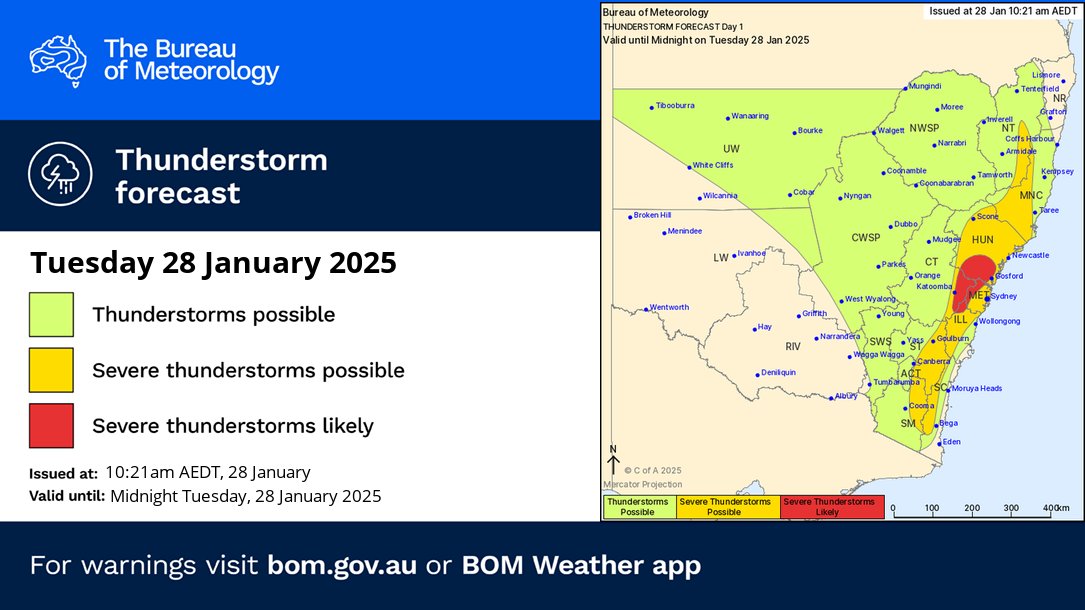 TODAY's storm FORECAST (28/1):

🔴 Severe storms likely: western Sydney, Central Coast, Blue Mountains, Hunter
🟡 Severe storms possible: ranges &amp; coast
Main hazards: DAMAGING WIND, LARGE HAIL &amp; HEAVY RAIN

🟢 Non-severe storms possible: north &amp; east #NSW

bom.gov.au/nsw/warnings/
