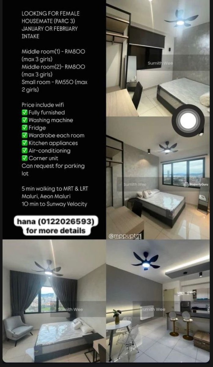 RegredditMP3's tweet photo. [urgent]
January/February intake ‼️ 

Bilik sewa untuk disewa 
near #uptm #unikl #sunwayvelocity
contact :  +60 12‑202 6593 (Hana)

details under this thread 👈🏻 https://t.co/ikAWHKUY86
