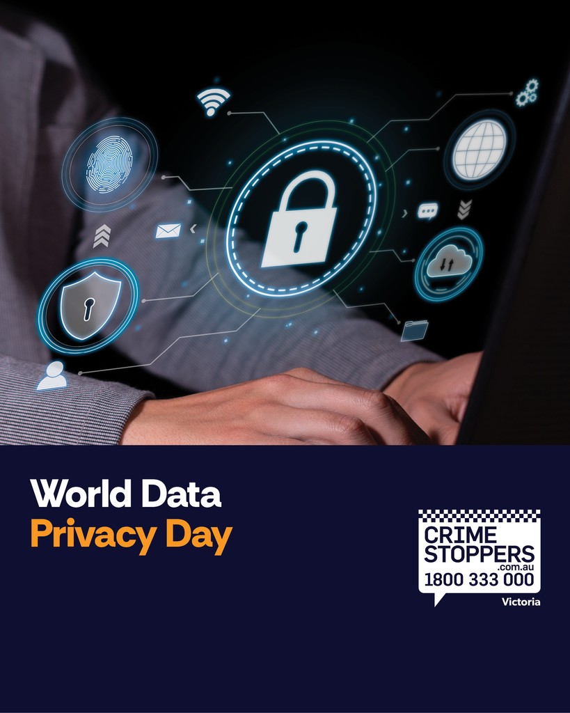 CrimeStopperVic's tweet photo. Your personal data is valuable - protect it. This #WorldDataPrivacyDay take control of your digital life. Are you protecting your data? Learn how and spot potential threats before they happen. Click to find out more: https://t.co/lRMgzbX1qE https://t.co/bYoTmvY97m