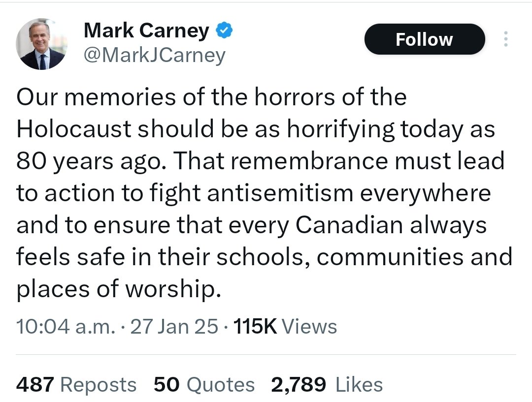 DrJacobsRad's tweet photo. Do you notice the difference between these two posts?

Pierre Poilievre isn't afraid to say the word 'Jewish' when speaking of the Holocaust.

Mark Carney's post doesn't mention Jews by name.

And yes, it matters.

@PierrePoilievre @MarkJCarney https://t.co/LsWO59GoLw