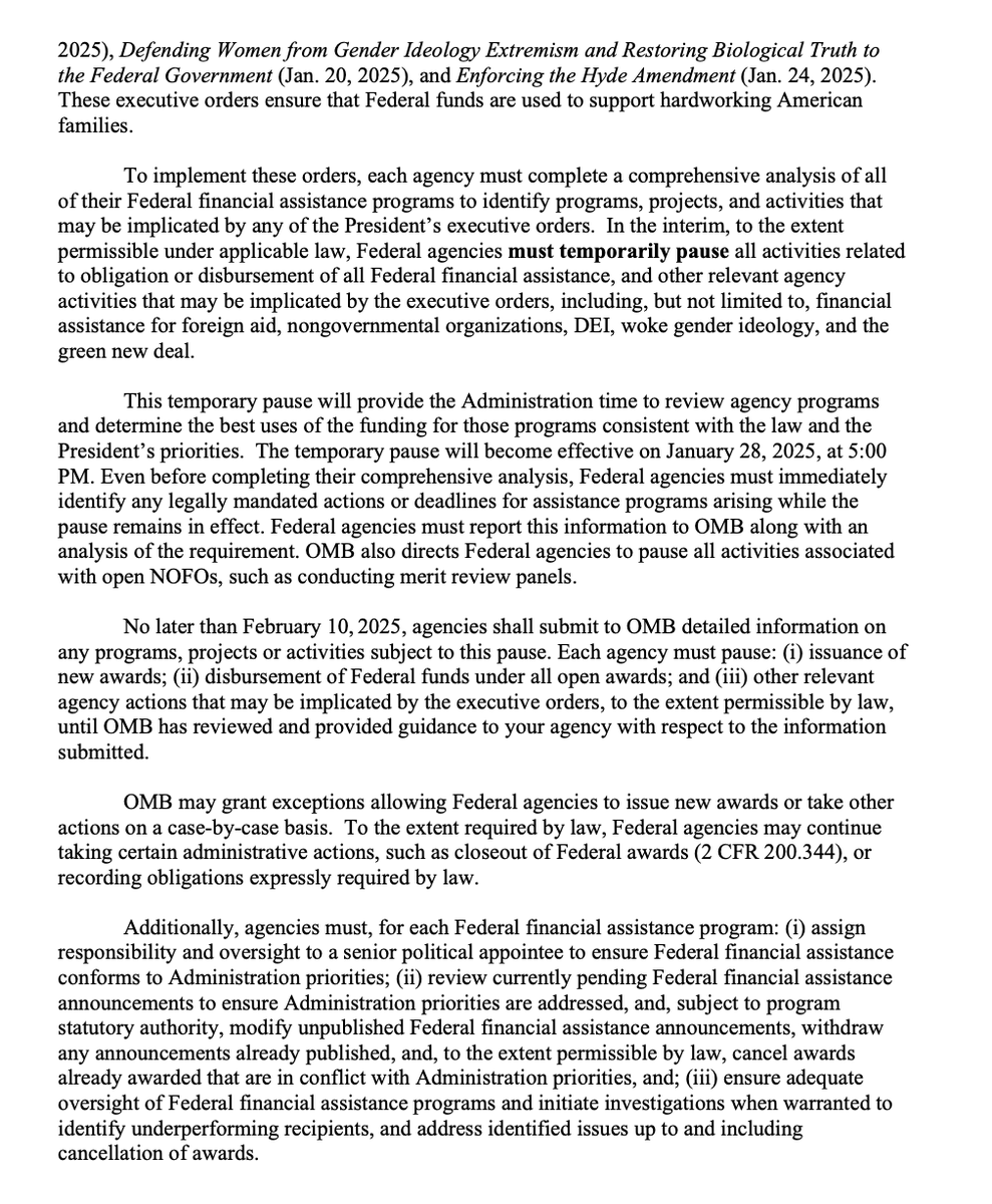 OMB memo sent to me appears to suggest a pause on basically all federal assistance starting tomorrow at 5. Is there another way to read this?