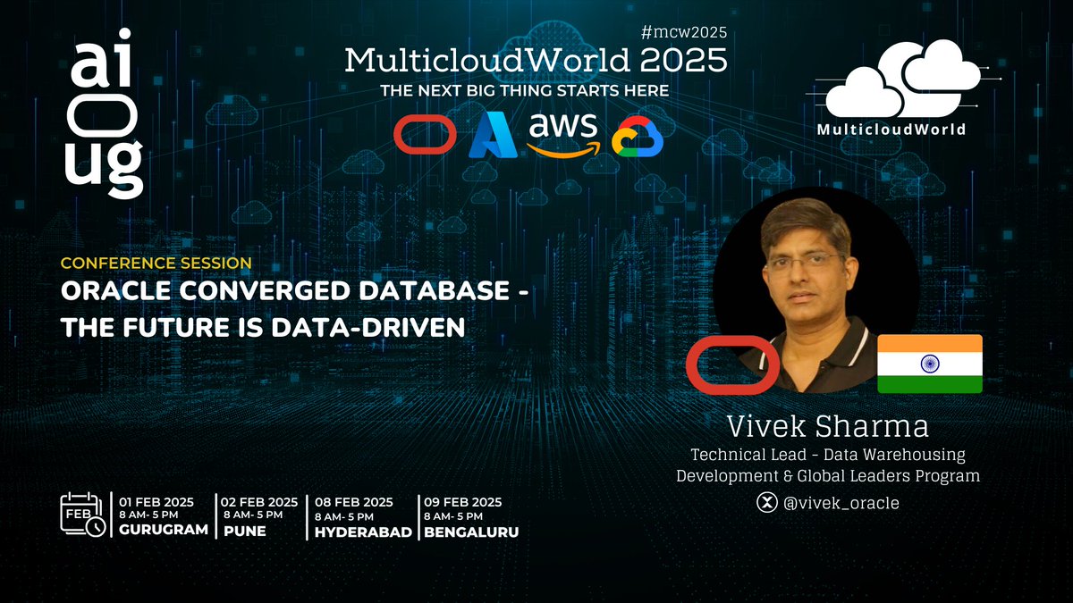 All India Oracle Users Group (AIOUG) (@aioug) on Twitter photo ๐ Donโt Miss This Session! ๐
๐ Balancing Developer Productivity with Data Productivity using Oracle Converged Database ๐
๐ Secure your spot NOW: aioug.org/mc/2025
๐ Presented by:
Vivek Sharma <a href="/vivek_oracle/">Vivek Sharma</a>
Technical Lead - Data Warehousing Development & Global ๐ Donโt Miss This Session! ๐
๐ Balancing Developer Productivity with Data Productivity using Oracle Converged Database ๐
๐ Secure your spot NOW: aioug.org/mc/2025
๐ Presented by:
Vivek Sharma <a href="/vivek_oracle/">Vivek Sharma</a>
Technical Lead - Data Warehousing Development & Global