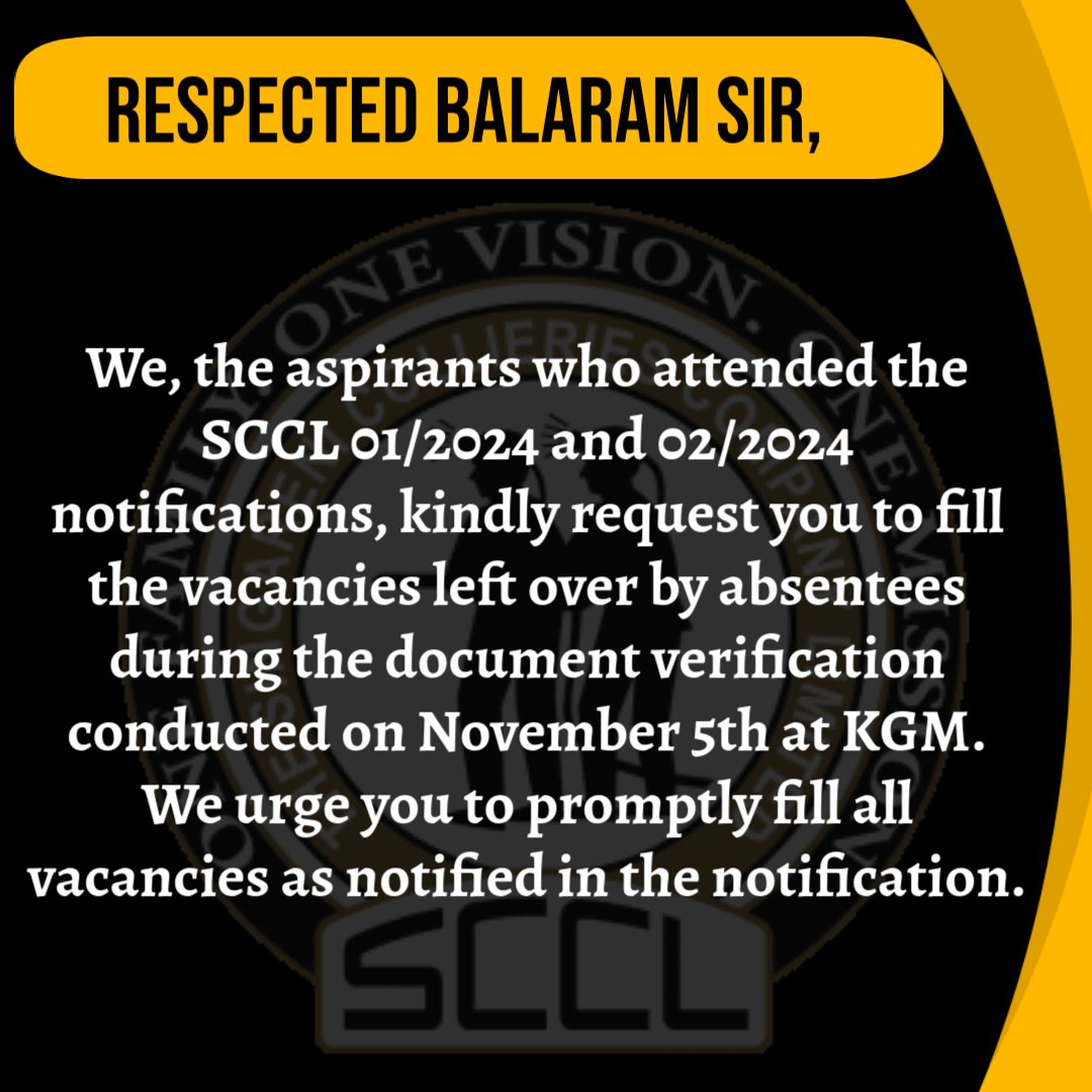 Respected <a href="/balaram_irs/">N.Balaram  IRS</a>,
We request you to please fill the vacancies left in the recent notifications 01&amp;02/2024 with down merit list candidates
<a href="/PRO_SCCL/">Singareni_Official</a> <a href="/balaram_irs/">N.Balaram  IRS</a> <a href="/PRO_SCCL/">Singareni_Official</a>