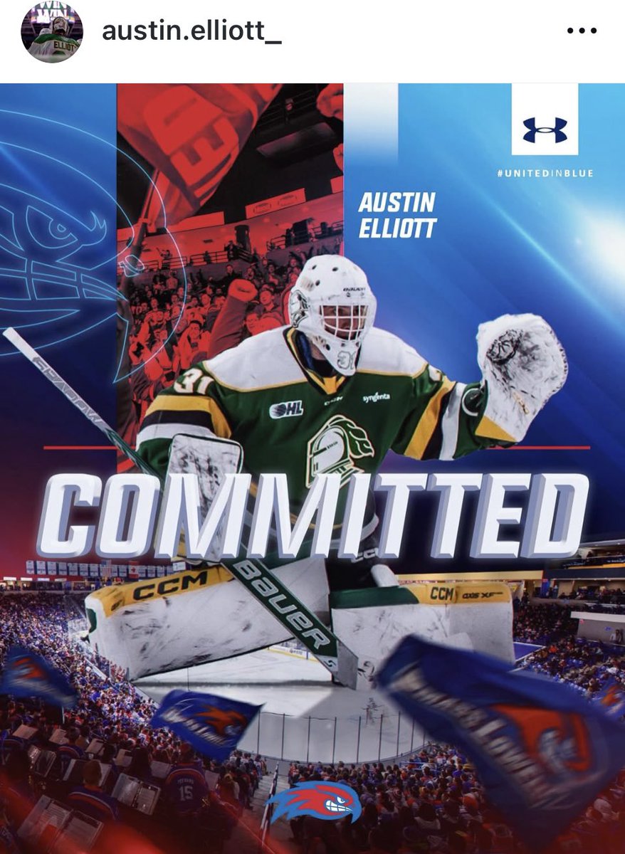 ‼️🚨BREAKING🚨‼️

The UMass Lowell River Hawks stay 🔥🔥 on the recruiting trail with a commitment from Austin Elliott!

‘04 born goaltender from Strathmore, Alberta 🇨🇦 is currently playing for the London Knights in the OHL. ( 20GP- 2.27 GAA- .916 SV % )

<a href="/MarkDivver/">Mark Divver</a> <a href="/CHHoodlum/">TheCollegeHockeyHoodlum</a>