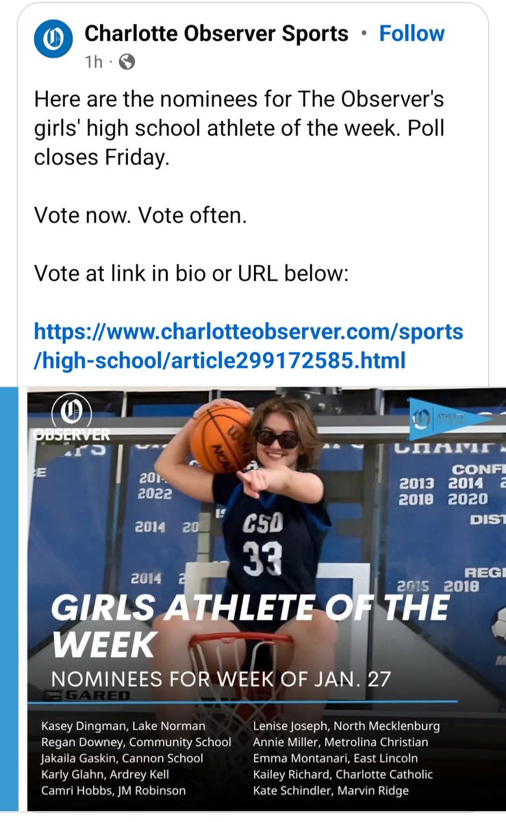 Go vote for Lightning Baller Regan Downey! 

Here are the nominees for The Observer's girls' high school athlete of the week. Poll closes Friday.

Vote now. Vote often.

Vote at link in bio or URL below:

charlotteobserver.com/sports/high-sc…