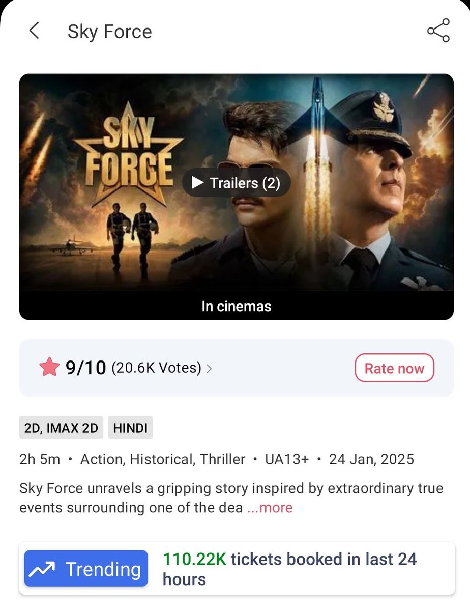 Prabhakar0295's tweet photo. #SkyForce  Day 4 (Monday) booking maintains a strong hold with 110.23 tickets 🎫 sold on bookmyshow. 🔥🔥

Day 3: 295.22k
#AkshayKumar #VeerPahariya #SaraAliKhan #SkyForceTakeOff #SkyForceOn24thJan2025 https://t.co/FJkSsDaUSB