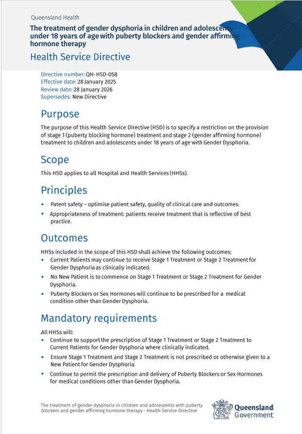 Jilliantweeting's tweet photo. Queensland Health directive: cessation of all new prescriptions of puberty blockers and cross-sex hormones to minors.