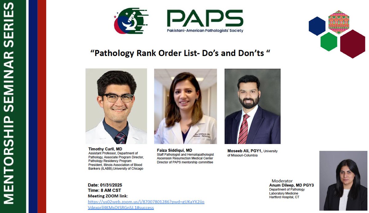 Join us for the PAPS Mentorship Seminar on 

"Pathology Rank Order List: Dos and Don'ts"
Our esteemed panel will be sharing strategies for a successful ROL! 

📅: 01/31/2025  
⏰: 8:00 AM CST  
Meeting ID: us02web.zoom.us/j/87007801286?…

#PAKPATH