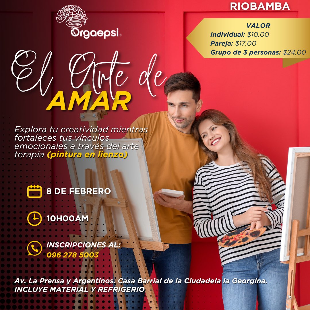 ORGAEPSI Ψ (@orgaepsi) on Twitter photo Descubre cómo expresar tus emociones y fortalecer tus relaciones a través del arte en un espacio único. 💕🎨
📅 08 de febrero
🕙 Hora: 10h00
📍 Lugar: ORGAEPSI Riobamba - Casa barrial La Georgina
🔗 Inscripciones en el siguiente enlace: 
surl.li/dqvbja Descubre cómo expresar tus emociones y fortalecer tus relaciones a través del arte en un espacio único. 💕🎨
📅 08 de febrero
🕙 Hora: 10h00
📍 Lugar: ORGAEPSI Riobamba - Casa barrial La Georgina
🔗 Inscripciones en el siguiente enlace: 
surl.li/dqvbja