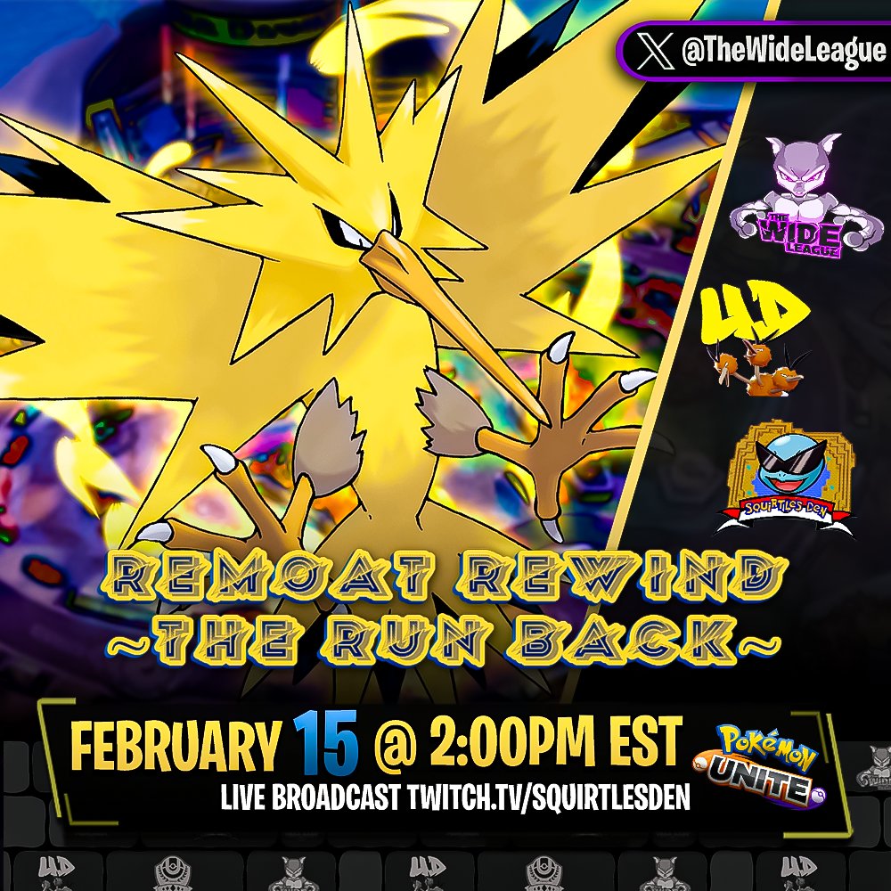 The Wide League Returns To Pokémon UNITE!✨

⚡️REMOAT REWIND⚡️ THE RUNBACK ‼️
- WHO will be crowned the best in Remoat Stadium⁉️

📅 February 15
⏰2:00 PM EST
💰$150 in PRIZES (SO FAR)
👇 Sign up in replies
♻️ Retweets are SUPER Appreciated!
#PokemonUNITE