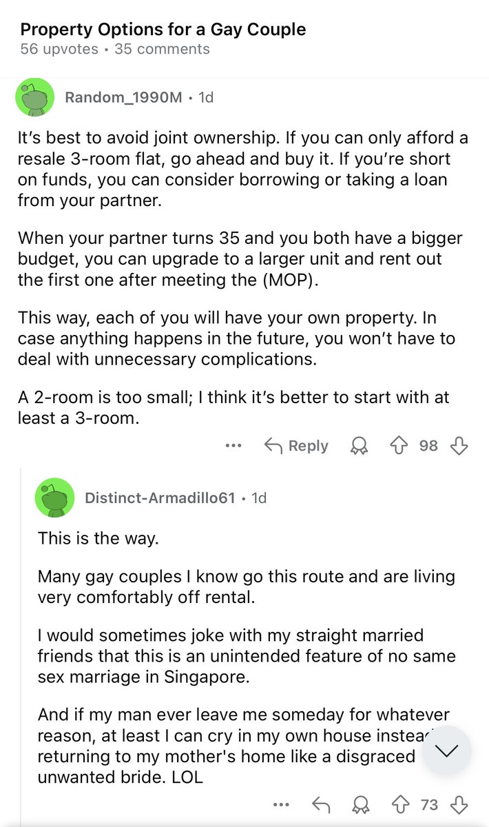 sharanvkaur's tweet photo. woke: queer couples can’t buy HDB!

broke: queer couples have to pay rent to greedy landlords!!

bespoke: queer couples can landlord even harder with two HDB flats, one whole-unit rental income and 0% ABSD~ https://t.co/MFQeztWbKz
