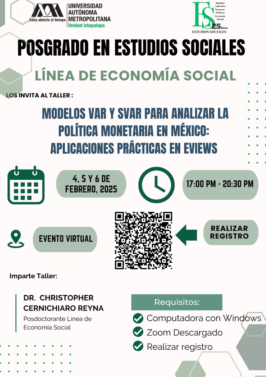 Chris___CR's tweet photo. 🎓 Taller gratuito: Modelos VAR y SVAR en Eviews

📅 4, 5 y 6 de febrero
⏰ 5:00 pm a 8:30 pm
💻 En línea (Zoom)
Aprende a analizar la política monetaria en México. No necesitas conocimientos previos, solo una PC con Windows.
Regístrate aquí: https://t.co/FI8CZyjmC9 https://t.co/PHauTNrMzP