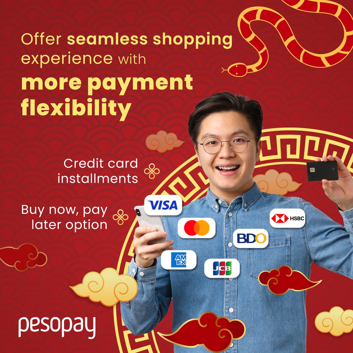 PesoPay's tweet photo. From festive feasts to thoughtful gifts, offer your customers a shopping spree with flexible payment options this Chinese New Year! Boost your sales with 𝗶𝗻𝘀𝘁𝗮𝗹𝗹𝗺𝗲𝗻𝘁 𝗽𝗮𝘆𝗺𝗲𝗻𝘁 options. Sign up: https://t.co/GY40MzQ1N4. #PaymentGatwewayPH #CNY2025 https://t.co/YGFQVaIVRG