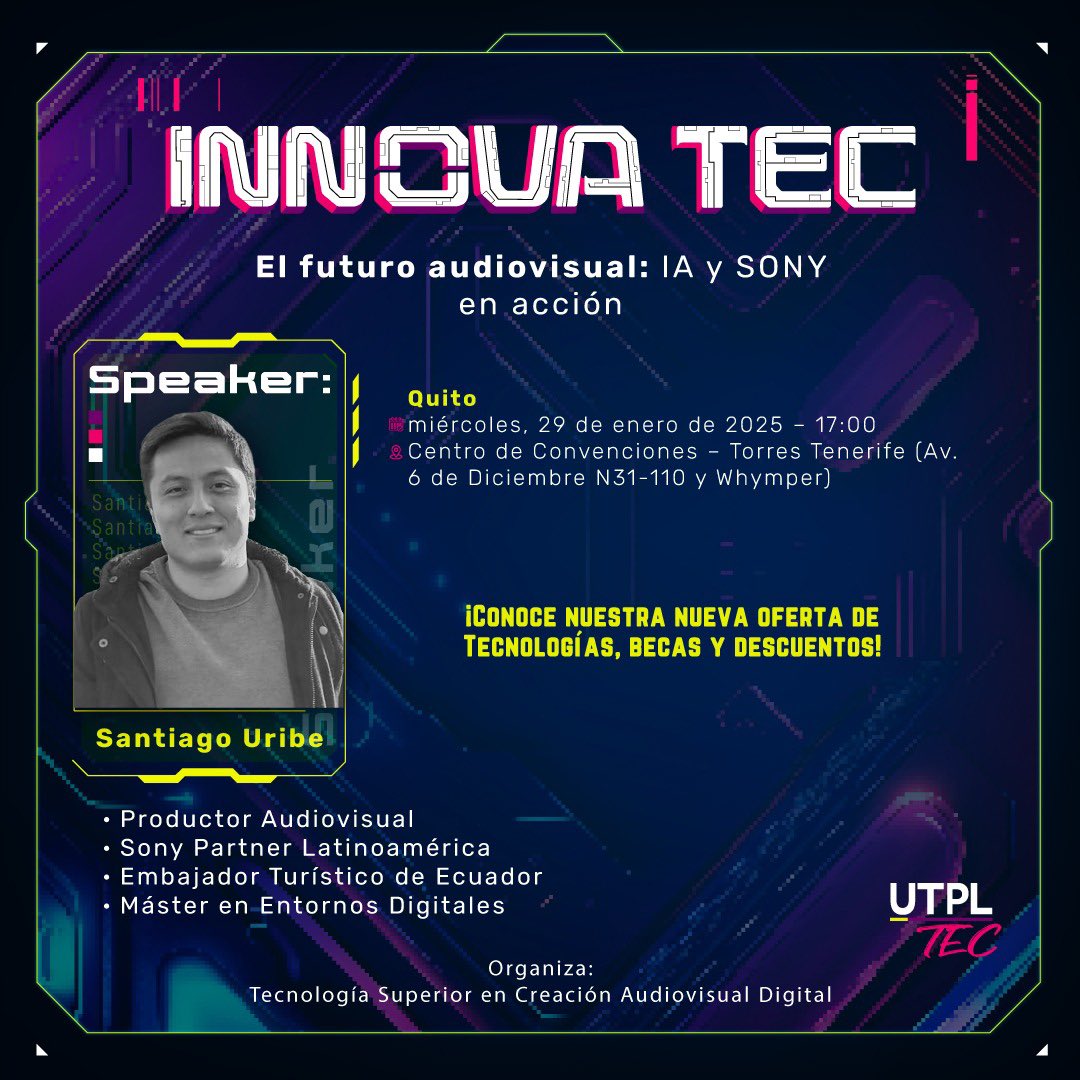 avvelasquez's tweet photo. ✨ ¡Descubre el futuro de la creación de contenidos! 🎥🤖
¡Les esperamos en Quito!
Únete al taller teórico-práctico
📢 Reserva tu cupo.
🔗 Inscríbete en https://t.co/QWtC3ZuAtk
#UTPL #UTPLTEC #Tecnologías #NuevaOferta #CreaciónDeContenidos #IA #Cuenca #TendenciasDigitales https://t.co/WSlBRIHPJe