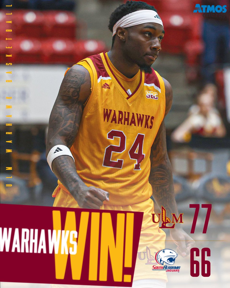 𝗪𝗔𝗥𝗛𝗔𝗪𝗞𝗦 𝗪𝗜𝗡‼️

The Warhawks take down South Alabama at home!

Young | 27 points, 7 reb, 1 assist
Willis | 17 points, 7 reb, 3 blocks, 1 steal
Bolden | 12 points, 4 assists, 3 steals
Watson | 10 points, 9 assists, 5 reb, 1 block