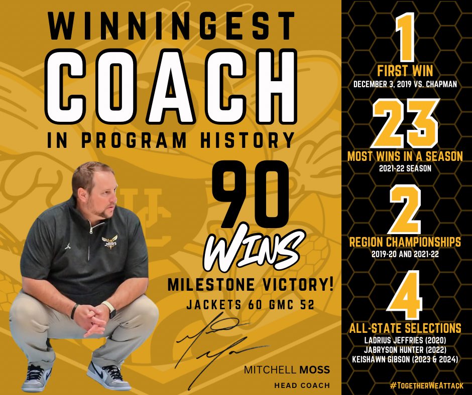 yellowjacketba2's tweet photo. With tonight’s victory at Greer Middle College, Coach @MitchellMoss12 becomes the winningest coach in Union County High School basketball history, with 90 career wins. Congratulations Coach! 🐝🏀

#TogetherWeAttack https://t.co/D00rYUZvRs