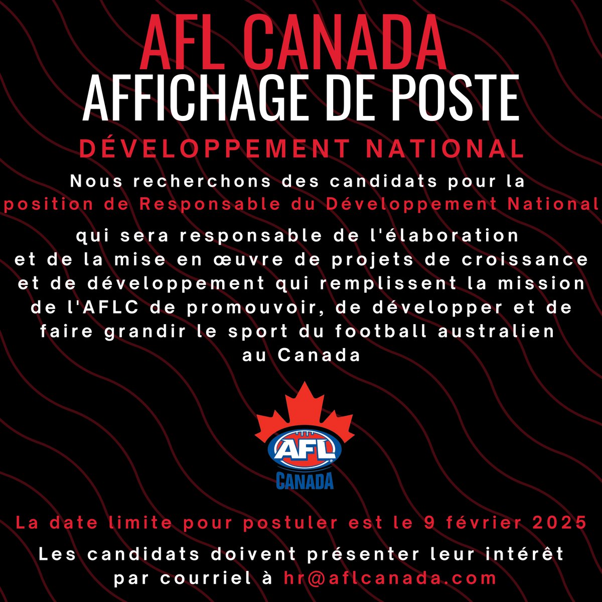 Candidats recherchés: Développement National - responsable de l’élaboration et mise en œuvre de projets de croissance &amp; développement qui remplissent la mission de l'AFLC de promouvoir, développer &amp; faire grandir le football australien au 🇨🇦

Plus d’info: lnkd.in/e3SwkrRd