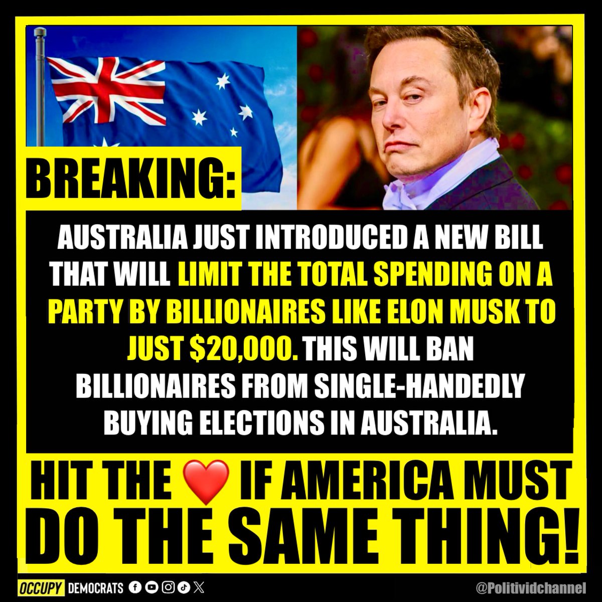 We MUST follow Australia’s lead! Hit the ❤️ and RETWEET this if you agree! Follow us 👉 @occupydemocrats <a href="/Poptivism_/">Poptivism_</a>  👉 SHARE THIS‼️ #Australia #AustraliaDay #DonaldTrump #Trump #ElonMusk #billionaires #billionairesclub #BillionairesShouldNotExist #MAGA #MAGACultMorons