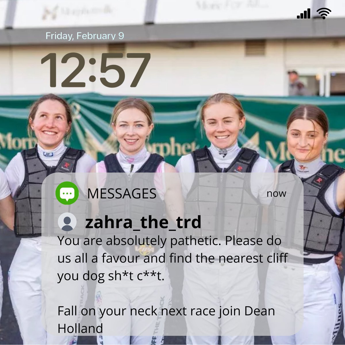 Over the past couple of weeks we have been sent in dozens of messages from our jockeys across SA with screenshots of the abusive messages they get sent after putting their livelihood on the line for a punters $5 each way 

⏬⏬