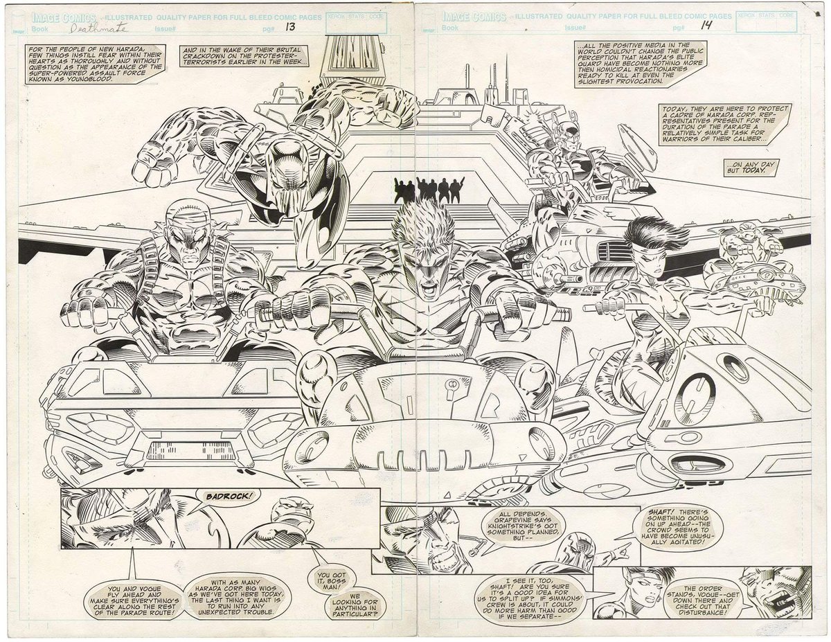RobMessick's tweet photo. Just a fun comparison of Mark Pacella original art to the published page from Deathmate Red.
@robertliefeld #Youngblood #RobLiefeld #MarkPacella #DeathMateRed #deathMate @ImageComics @ValiantComics @acestoryboards https://t.co/psRZdKAMOC