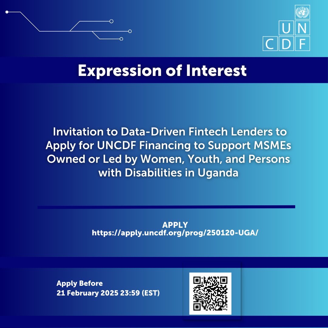 UNCDF's tweet photo. 🇺🇬 UNCDF invites innovative data driven fintech lenders to apply for concessional financing aimed at supporting MSMEs owned or led by women, youth, and persons with disabilities.

🔗 https://t.co/EmWEUIpRzj

🗓️ 21 February,  2025

⏰ 23:59 (EST) https://t.co/8R8J2PjUkl