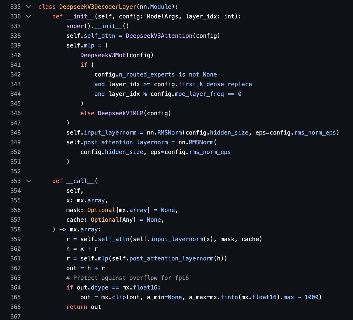 The DeepSeek V3 model file is ~450 lines of code in MLX LM. Includes pipeline-parallelism and all.

Good way to see how it all works.