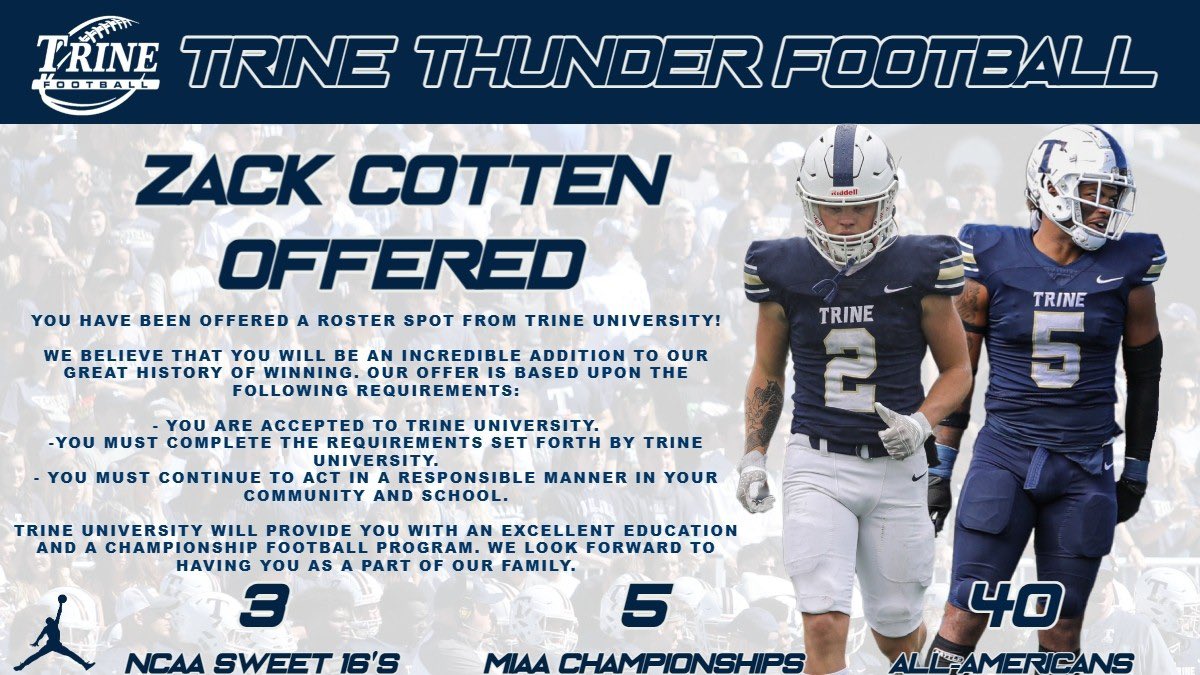 zackcotten_56's tweet photo. Blessed to recieve an offer from Trine university @CoachBCullen https://t.co/3R8EC9yInF