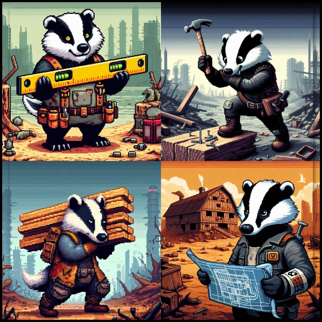 BadgerWasteland's tweet photo. Special Skill 5
Description: Carpentry was a necessary skill for developing the new world. Some badgers found they were natural builders; others were not so lucky and struggled with simple construction tasks.
Rarity: 11/100
Attributes: Rare - Carpentry
On Auction starting at 4 $TON