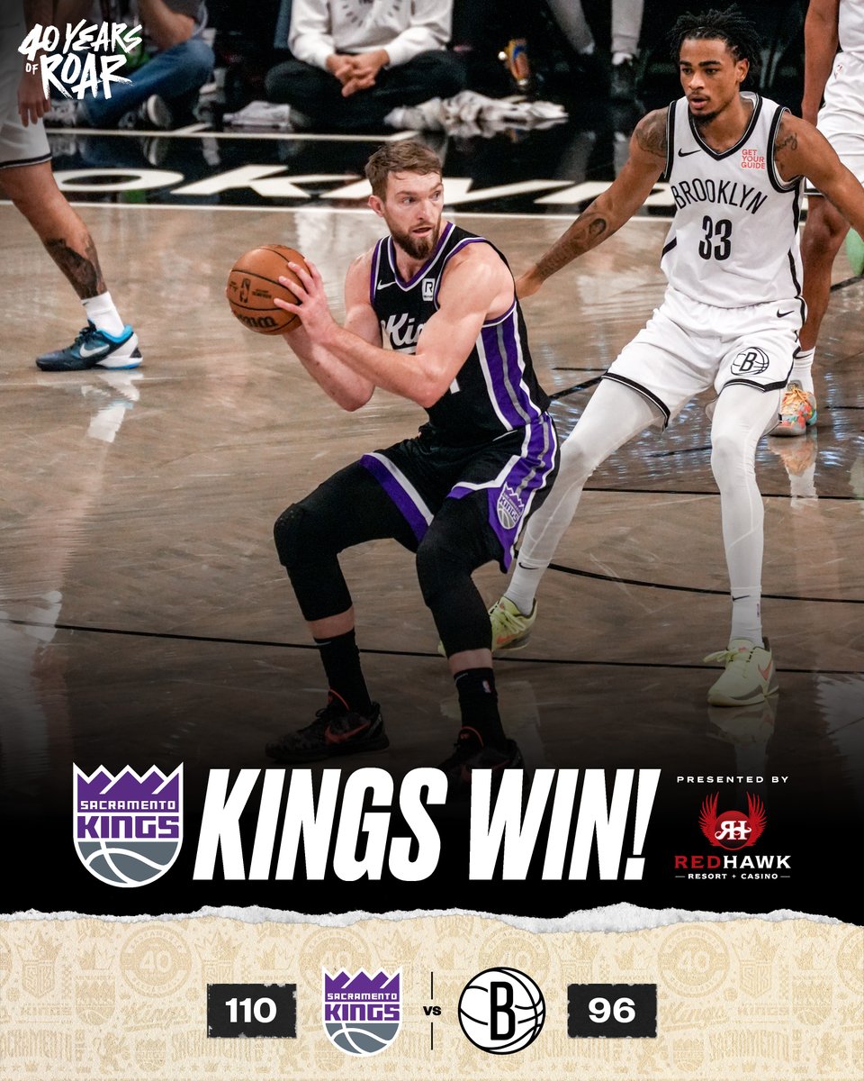 SacramentoKings's tweet image. FINAL: Kings defeat the Nets 110-96.

👑 De’Aaron Fox: 30 PTS, 7 AST, 1 REB
👑 Domantas Sabonis: 21 PTS, 22 REB, 10 AST
👑 DeMar DeRozan: 17 PTS, 2 REB, 1 AST
👑 Malik Monk: 16 PTS, 9 AST, 6 REB

Kings Win presented by @RedHawkCasino