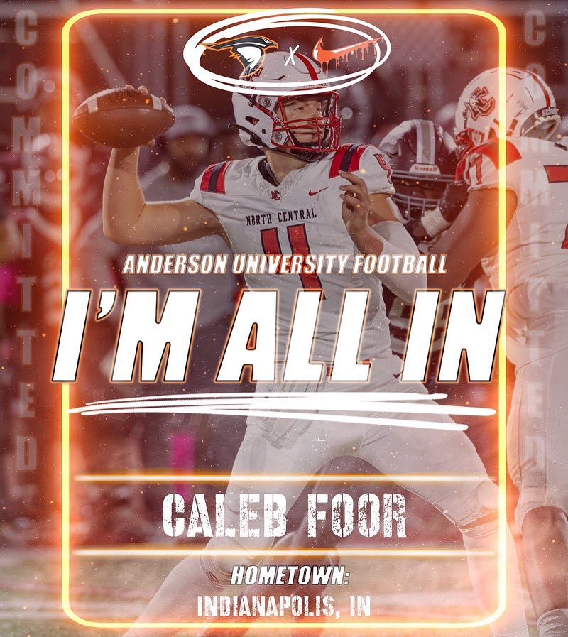 Caleb Foor (@caleb4foor) on Twitter photo After lots of thoughts and prayers I have decided to take my talents to Anderson University to play football. Go Ravens🧡🖤<a href="/AUFootball__/">Anderson University Football</a> <a href="/NCHSPanthersFB/">North Central Football</a> <a href="/xfactorQB/">Anthony Morelli: X-Factor QB Academy</a> After lots of thoughts and prayers I have decided to take my talents to Anderson University to play football. Go Ravens🧡🖤<a href="/AUFootball__/">Anderson University Football</a> <a href="/NCHSPanthersFB/">North Central Football</a> <a href="/xfactorQB/">Anthony Morelli: X-Factor QB Academy</a>