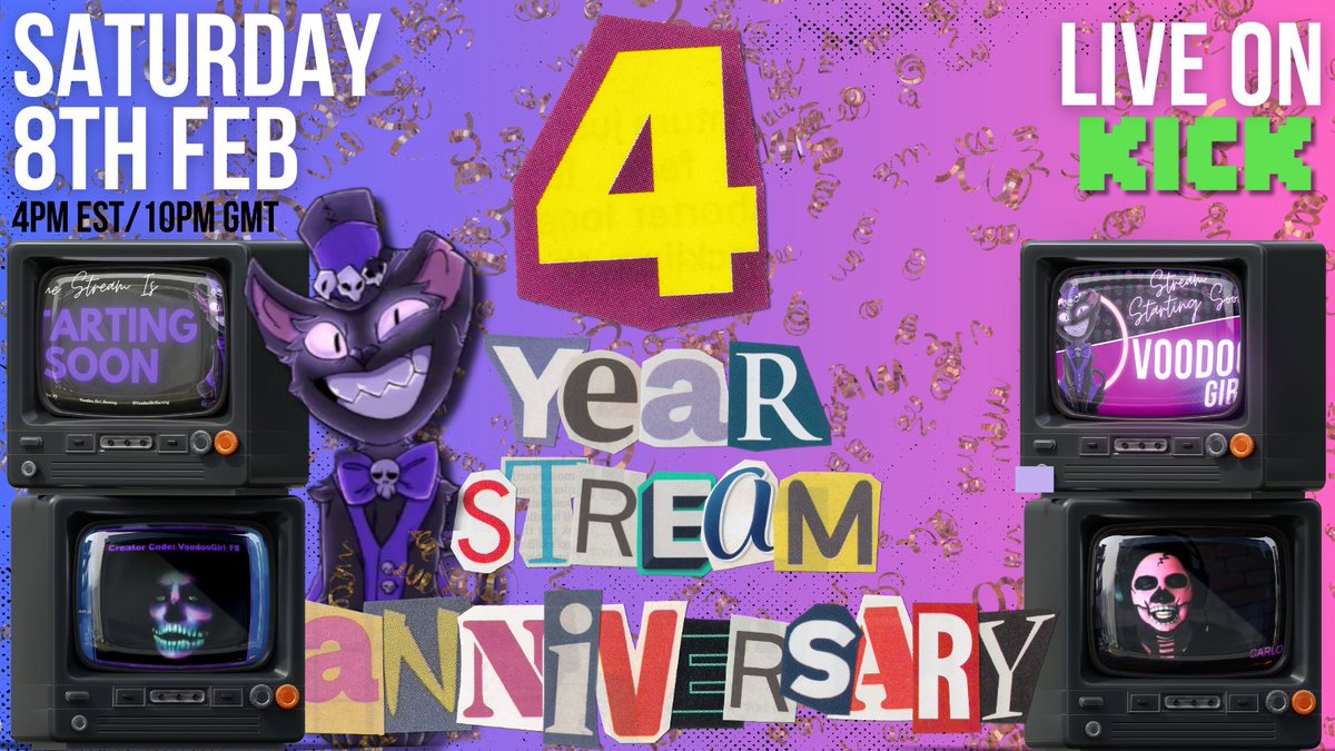 VoodooGirlGames's tweet photo. My 4 year stream anniversary is coming up. We will be celebrating 4 years of bot plays. Make sure to tune in on Feb 8th starting at 4pm est.  Event will be on @kick  Here is a link to where details will be posted.https://t.co/f8FFbyO7Xd https://t.co/Kksi4gZOlr