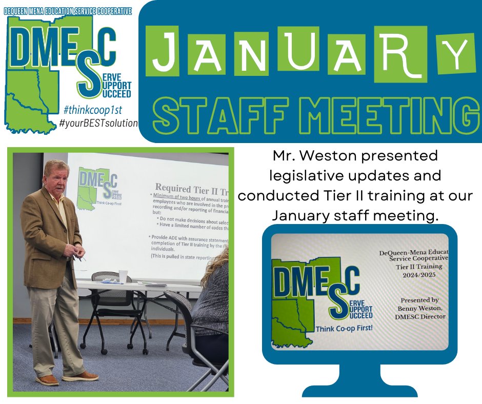 DMESC_'s tweet photo. Mr. Weston presented legislative updates and conducted Tier II training at our January staff meeting.
#thinkcoop1st
We Serve and Support our Schools so that ALL Students Succeed.
#yourBESTsolution https://t.co/POJ2Fi12qE