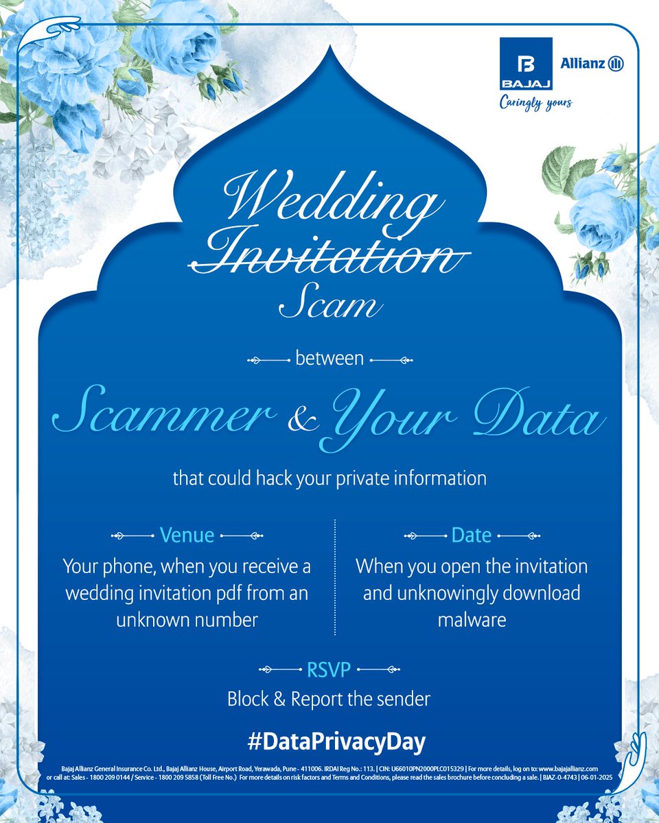 bajajgeneral's tweet photo. Invitation: Declined ❌
Stay aware, stay secure 💙
#CaringlyYours #ForwardKaroCare #DataPrivacyDay #CyberAwareness #WeddingInviteScam https://t.co/YDUu5Oyj2u