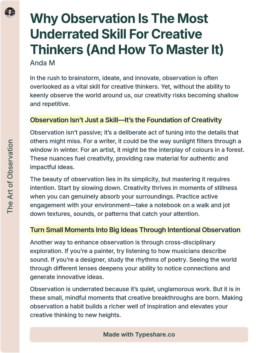 RewildYourDays's tweet photo. Observation isn’t just a skill—it’s the key to deeper creativity and fresh ideas. Discover why it’s underrated and how to make it your creative superpower. https://t.co/5oAaFRi04Z