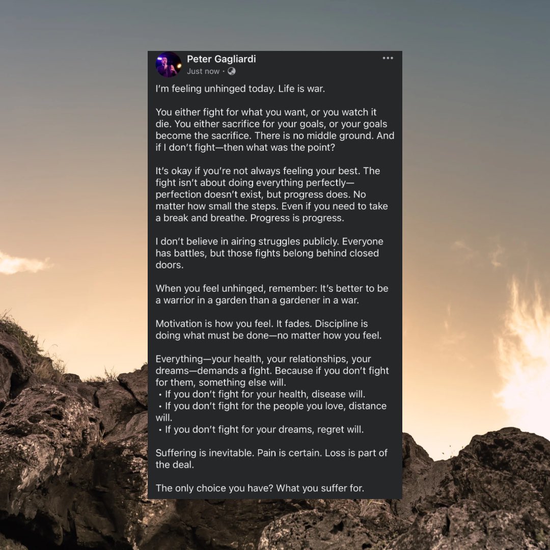 ActorAustralian's tweet image. I’m feeling unhinged today. Life is war.

#StayRelentless #DisciplineOverMotivation #FightForWhatMatters #NoExcuses #StayUnbreakable #WarriorMindset #EmbraceTheGrind #UnstoppableForce #MentalToughness #NothingComesEasy #EarnIt #BeRelentless #RiseAbove #BattleTested