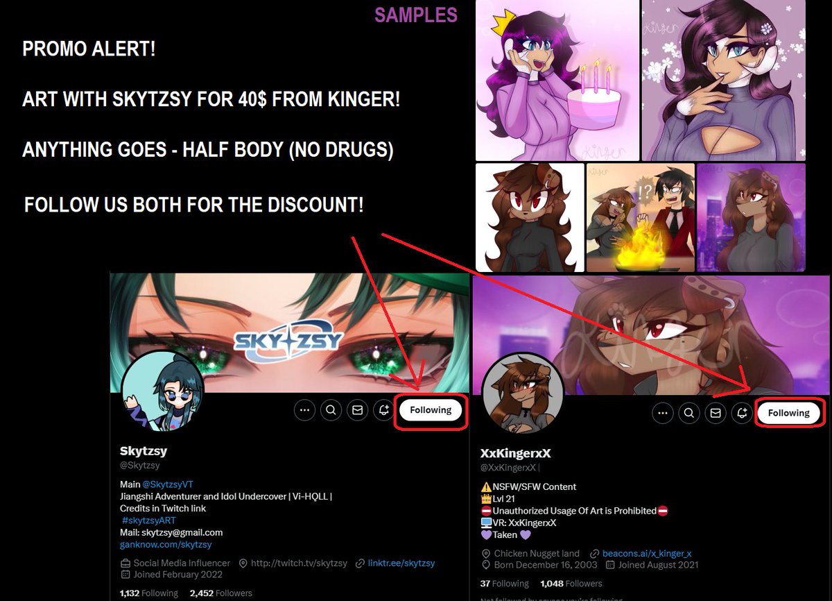 Skytzsy's tweet photo. PROMO ALERT #ART enthusiasts

Looking to get art done?

With me even or just yourself?

I've partnered up with @XxKingerxX and here are her rates!

Follow both of us, show us the screenshots and WOOO! https://t.co/qBDwptUhju