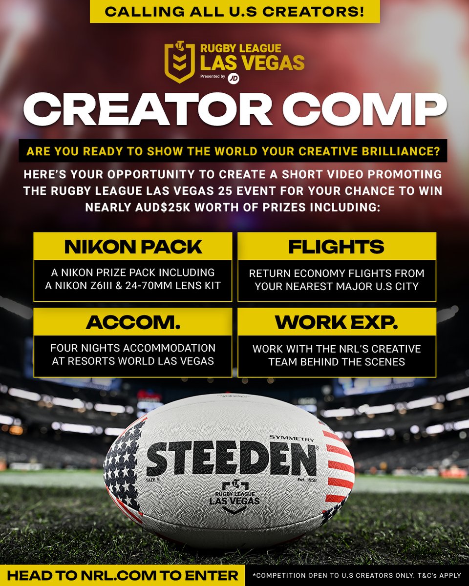 Calling all American NRL Fans 🇺🇸 
 
For the first time ever, we’ll give you exclusive access to our video and imagery library, so you can create an epic piece of content to hype up the Rugby League Las Vegas 25 event 🏈
 
📣 Head to spr.ly/6014xp1fY to enter.