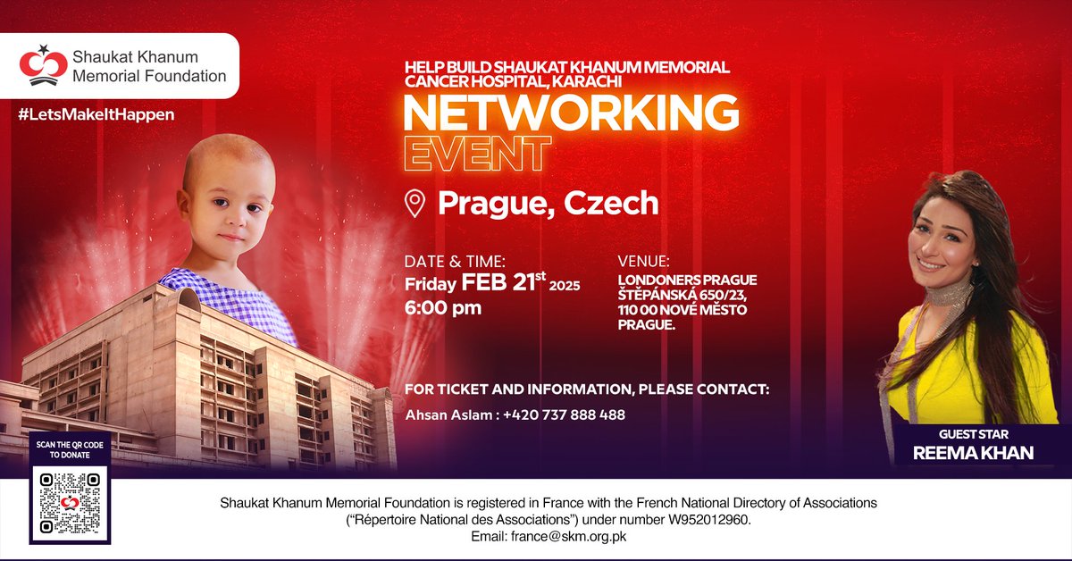 SKMCH's tweet image. Join us at the Networking Event in Prague, Czech, in support of Shaukat Khanum Memorial Cancer Hospital and Research Centre, Karachi.

Guest Star: Reema Khan

Date: February 21, 2025

For more details, visit 👉facebook.com/events/5848179…

#EuropeEvents #SKMCH #ShaukatKhanumKarachi