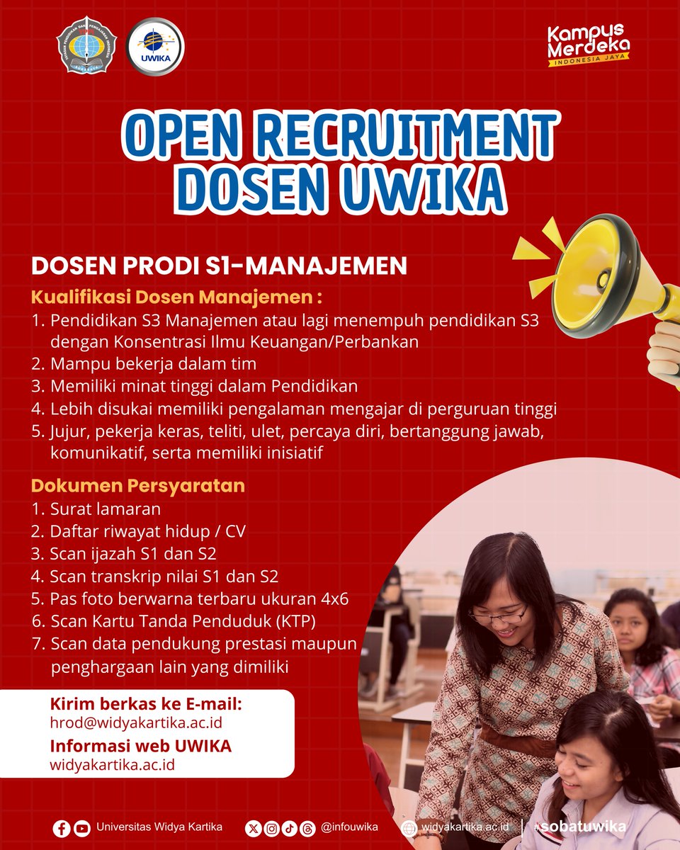 infoUWIKA's tweet photo. Hallo Konco Karier!

Universitas Widya Kartika Surabaya Open Recruitment Dosen :
- DOSEN PRODI S1-AKUNTANSI
- DOSEN PRODI S1-MANAJEMEN

Cek kualifikasinya. Bagi bapak/ibu yang memenuhi ketentuan umum, buruan daftar sebelum terlambat 🚀

Kami tunggu kedatangan kalian di UWIKA 😉 https://t.co/mGk1SmjXTM
