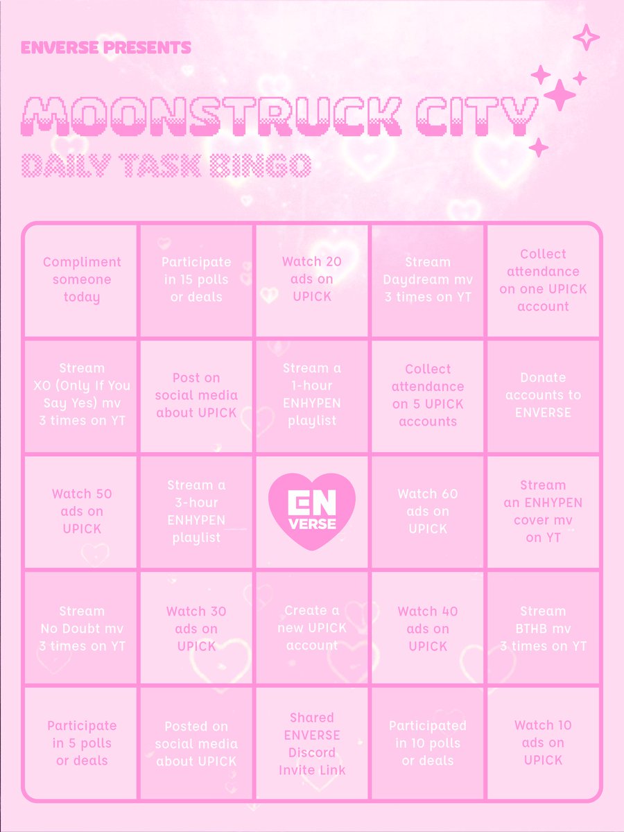 MoonstruckCity's tweet photo. :¨ ·.· ¨:
  `· . 🌙 𝓓𝓪𝓲𝓵𝔂 𝓣𝓪𝓼𝓴 𝓑𝓲𝓷𝓰𝓸 ✨
˚₊ · »-♡→ january 28, 2025 ⨯ . ⁺

Let's reach the stars—

🩷 complete 4 tasks
🎀 post your card with #ENonUPICK  #ENVERSEBattle #MoonstruckCity
🎀 invite others to join!

깊어져 가는 𝓶𝓸𝓸𝓷𝓼𝓽𝓻𝓾𝓬𝓴 ☾⁺ ✦ ⊹ . * https://t.co/KOdaaiQJxE