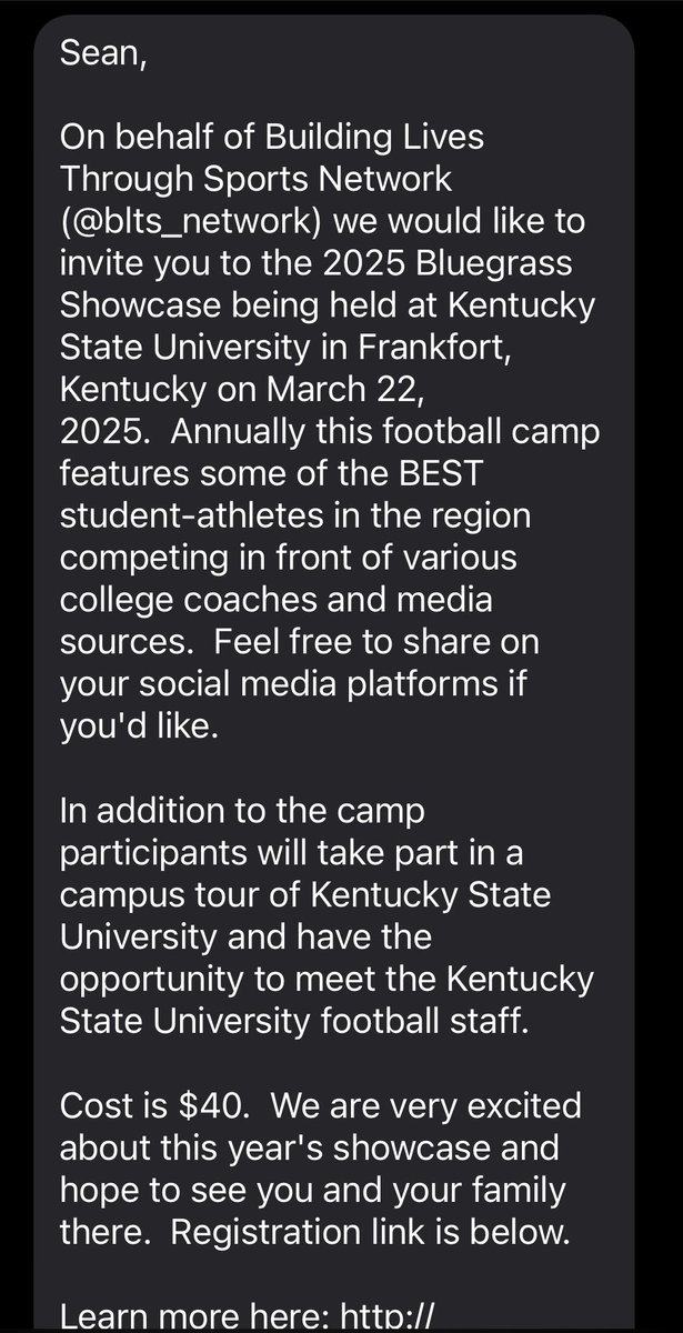Thanks for the camp invite Kentucky State University 
<a href="/KYSUFB/">Kentucky State University Football</a>