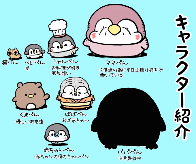 ペンギンの優しい世界
【キャラクター紹介-最新版】
ちゃんぺんを中心とした仲間たち。これから沢山のグッズ化や企業様とコラボもできたらいいな〜! 