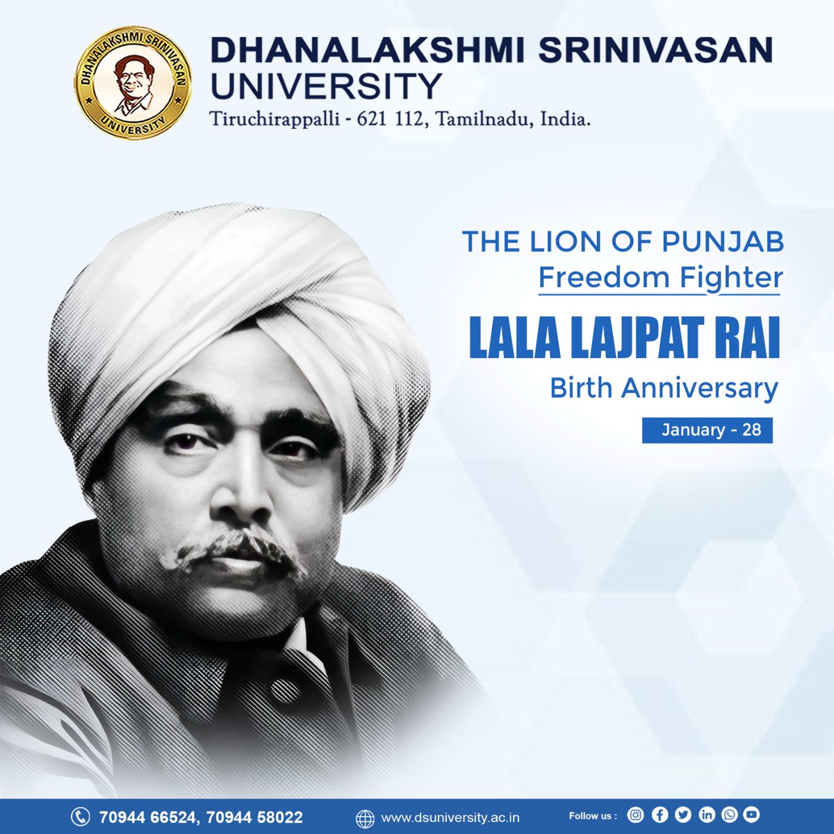DSUTRY_OFFICIAL's tweet photo. Honoring the legacy of The Lion of Punjab, Lala Lajpat Rai, on his birth anniversary. A true inspiration and a stalwart of India's freedom struggle. 🙏
.
#dsu #Dhanalakshmisrinivasancollege #lalalajpatrai https://t.co/eofOGXluzX